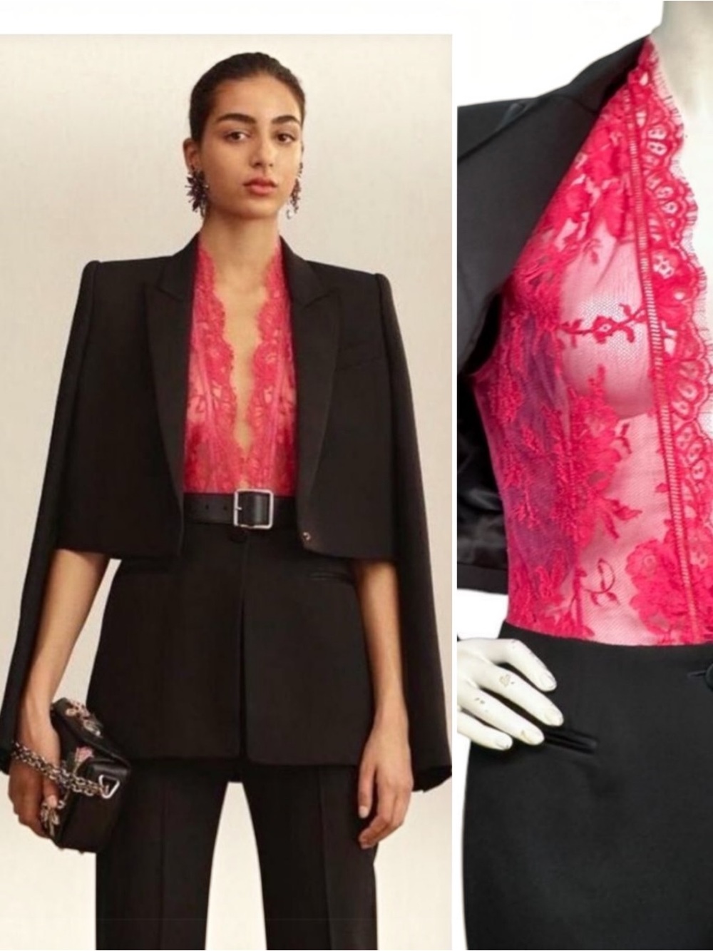 ALEXANDER McQUEEN Trompe L'Oeil Wool Silk Tuxedo Jacket Pink Lace Top S M 6 8